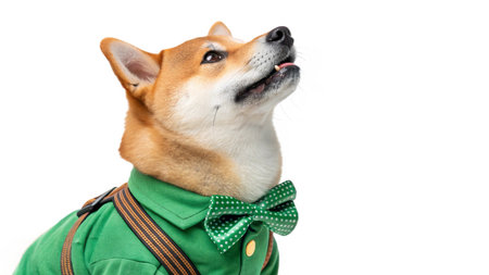 Shiba inu dog wearing a green waistcoat and bow tieの写真素材