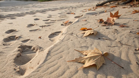 Fallen leaves on the sand of a beach in the autumn.