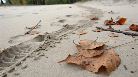 Footprints in the sand of a beach in autumn with fallen leaves