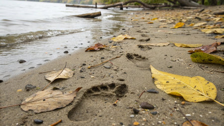 Footprints in the sand on the shore of the lake with fallen leavesの写真素材