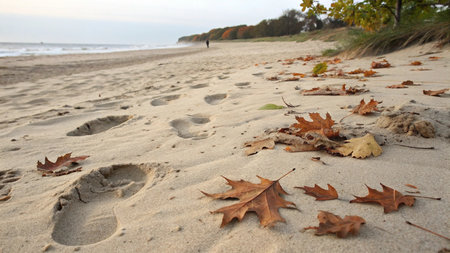 Fallen leaves in the sand on the Baltic Sea coast in Polandの写真素材