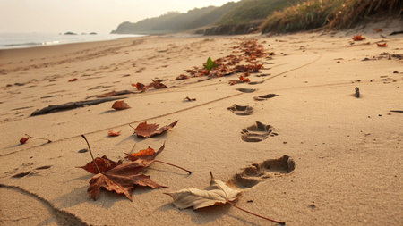 Fallen leaves on the beach in the morning. Nature background.