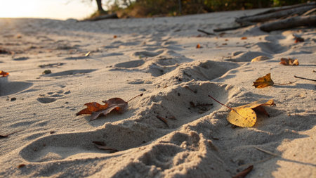 Autumn leaves on the sand in the sun. Selective focus.の写真素材