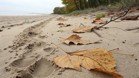 Fallen leaves on a sandy beach in autumn, close-upの写真素材