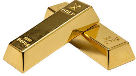 Gold bullion isolated on white background with clipping path and full depth of field