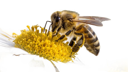 Bee on camomile flower isolated on a white background. Macro