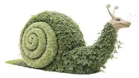 Snail made of grass and leaves isolated on white background with clipping pathの写真素材