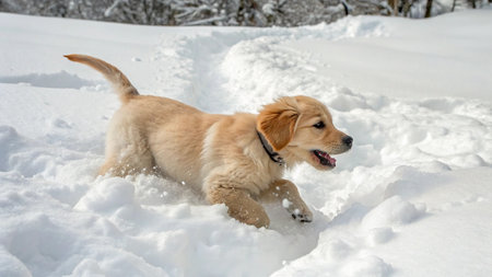 Golden Retriever puppy playing in the snow on a sunny winter day