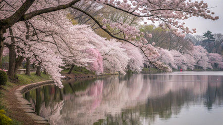 Cherry blossoms in full bloom along the lake, Tokyo, Japan