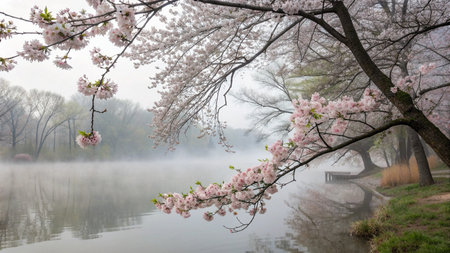 Cherry blossoms along the river in the foggy morning.の写真素材