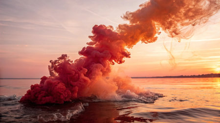 Pink smoke on the background of the sea and the setting sun.