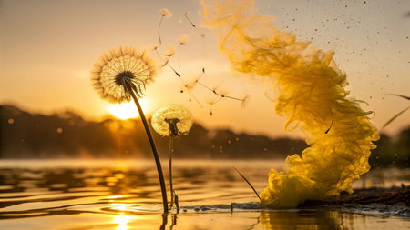 Dandelion seeds in the water at sunset. Natural background.