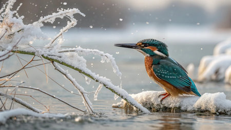 Kingfisher (Alcedo atthis) on a frozen lakeの写真素材