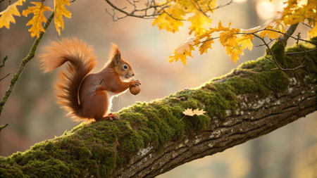Squirrel in the autumn forest. Red squirrel in the autumn forest.