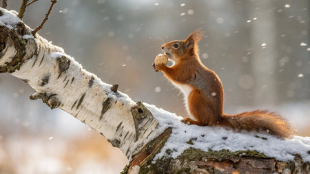 Squirrel on a tree in winter with snowfall. Eurasian red squirrel, Sciurus vulgaris