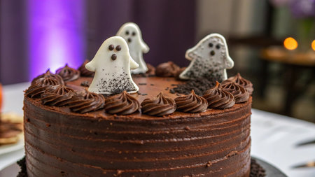 Chocolate cake with ghost and ghosts for halloween party.