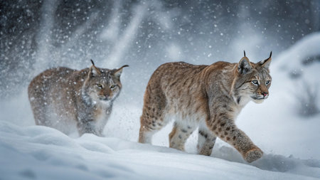 Two Eurasian Lynx (Lynx lynx) in a snowy forest.
