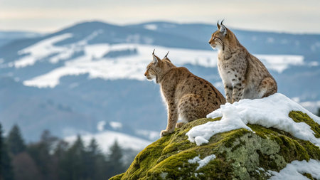 Two Eurasian lynx sitting on a rock in the winter mountains