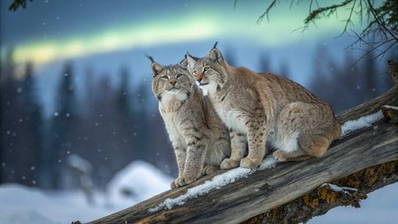 Two Eurasian Lynx (Lynx lynx) in winter forest