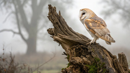 Barn Owl (Tyto alba) perched on a dead tree with a misty backgroundの写真素材