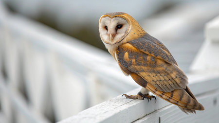 Barn Owl (Tyto alba) sitting on a fence.の写真素材