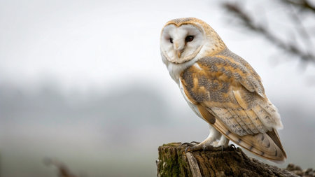 Barn Owl (Tawny Owl) standing on a tree stump
