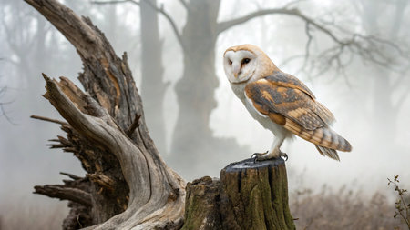 Barn Owl (Tyto alba) standing on a stump in a foggy forestの写真素材