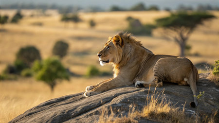 Lion resting on a rock in Serengeti National Park, Tanzania