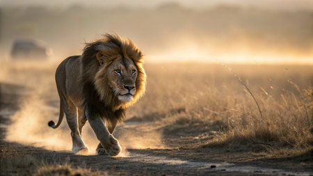 Male lion walking in the early morning sun, Kruger National Park, South Africa
