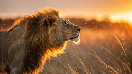 Lion in the savannah at sunset in Masai Mara, Kenyaの写真素材