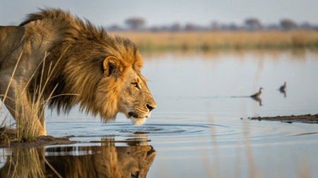 Lion drinking water at Okavango Delta - Moremi National Park in Botswana