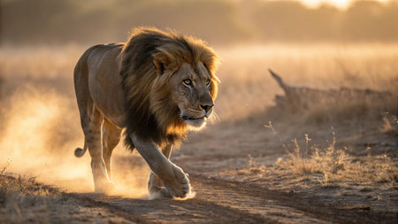 Lion walking in the early morning sun, Kruger National Park, South Africaの写真素材