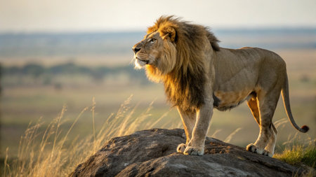 Male lion standing on a rock in Masai Mara National Park, Kenyaの写真素材