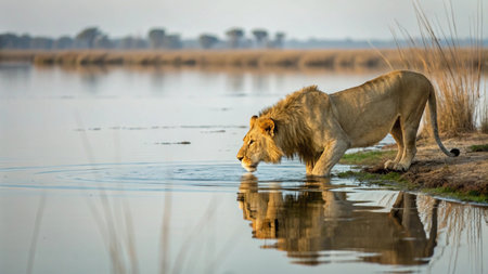 Lion drinking water in the Okavango Delta, Botswanaの写真素材