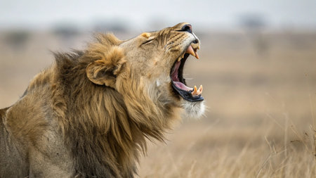 Lion yawning in Maasai Mara National Park, Kenyaの写真素材