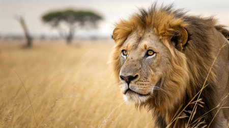 Lion in the Maasai Mara National Park in Kenya, Africaの写真素材