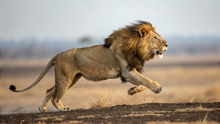 Male lion running in the savannah of Etosha National Park in Namibiaの写真素材