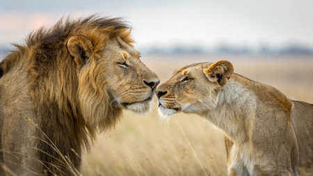 Lion and lioness in Maasai Mara National Park in Kenya, Africaの写真素材