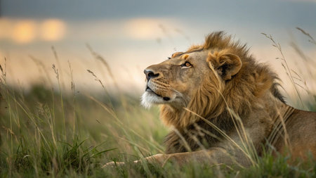 Male lion lying in grass in Masai Mara National Park, Kenyaの写真素材