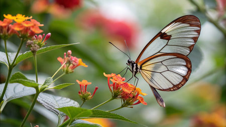 Butterfly on Lantana camara flower in garden.