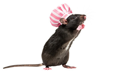 funny rat in a pink hat isolated on a white background.の写真素材