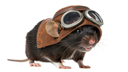 rat with aviator helmet and goggles isolated on a white background.の写真素材
