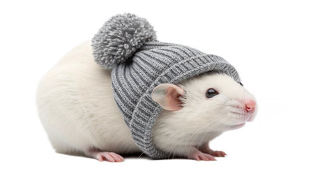 White rat in a gray hat on a white background. isolated.の写真素材
