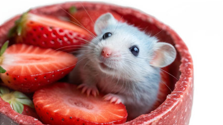 Cute hamster with strawberries on white background, close-upの写真素材