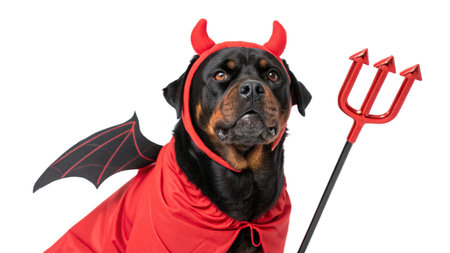 Rottweiler dressed as a devil with a trident, isolated on whiteの写真素材