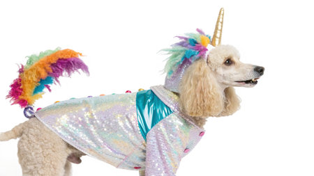 Australian Poodle dressed up in a unicorn costume on a white backgroundの写真素材