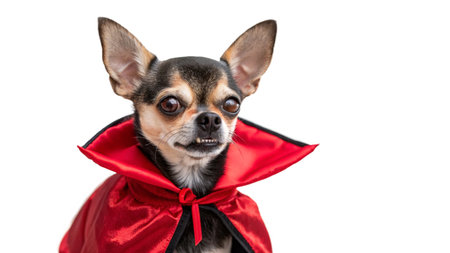 Chihuahua dog in a red cloak isolated on white backgroundの写真素材