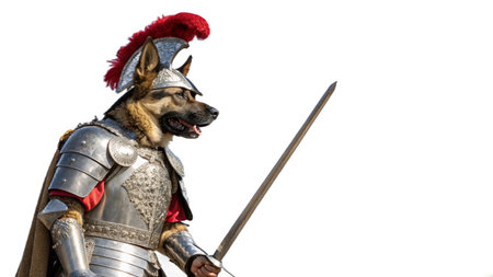 Dog in armor with a sword on a white background. Studio photoの写真素材