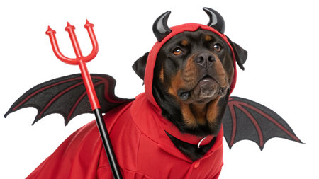 rottweiler in devil costume with devil horns and tridentの写真素材