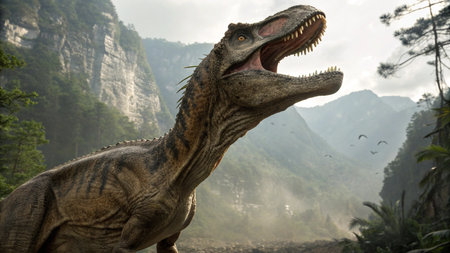 Dinosaur in the mountains. T-rex with open mouth.